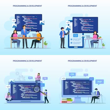 Programmers at work concept, People work on table using laptops programming and coding, programming languages. css, html, PHP, ui. Flat vector template