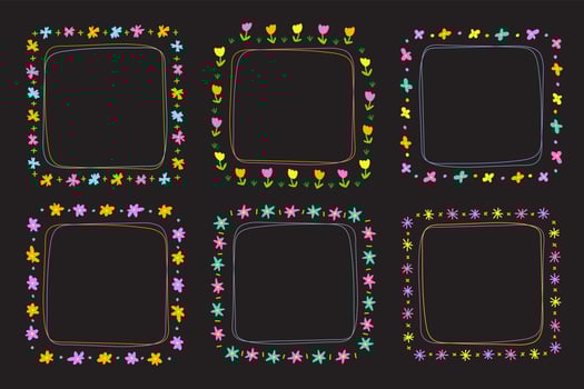 Cute Neon Abstract Daisy Flower Square Doodle Free Hand Drawing Drawn Line Borders Frames Wreath Plate Set Collection Flat Style Rainbow Colorful Black Background Vector Illustration Pack