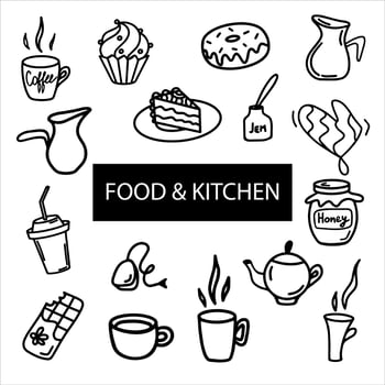 Cartoon set of Tea theme items, objects and symbols. Tool and food collection. Different utensils, delicious sweet food. Hand drawn doodle vector illustration. Muffin, cake, donut, chocolate, coffee.
