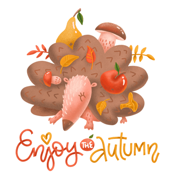 Autumn calligraphy card with cute hedgehog. Enjoy the Autumn lettering text. Volume textured illustration. Colored poster or card designed for print media. Little forest animal with fall food. png