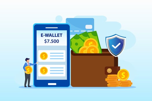 E-wallet payment application smartphone. Flat vector template Style Suitable for Web Landing Page, Background.
