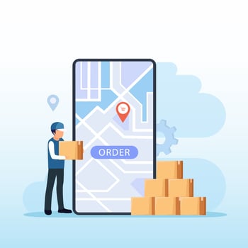Online Delivery Service Concept, Showing a delivery man sending package to customer, Flat vector template style Suitable for Web Landing Pages.
