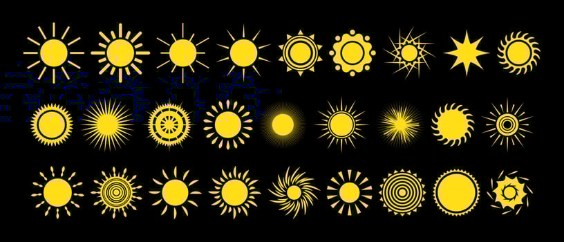Set of yellow sun icons with various shapes. Summer, design elements, sunshine, daylight. Vector illustration