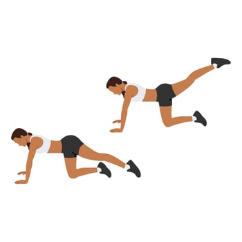 Woman doing back leg lifts exercise. Flat vector illustration isolated on white background
