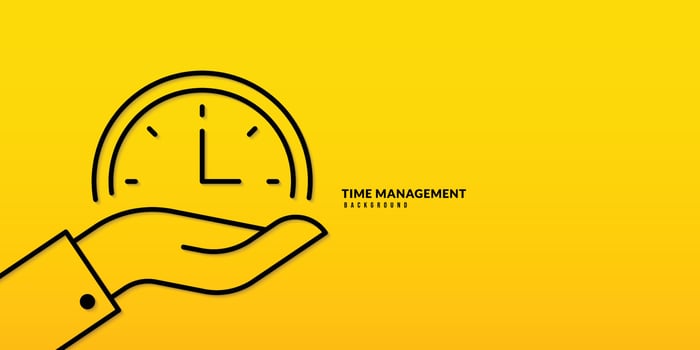 Hand holding clock thin line drawing  background. Time management and Self organization concept vector