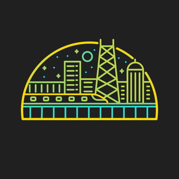 a train cross a city tower at the night, mono line design, design for t-shirt, badge, sticker, etc vector