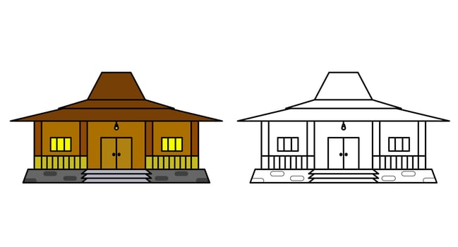 Coloring book. Coloring book Indonesian traditional house for kids activity colouring pages. Vector illustration