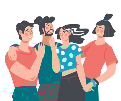Group of smiling friends holding hands and embracing. People, young men and women cartoon characters. Friendship and social relationships concept. Flat vector illustration isolated.