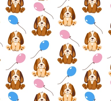 Seamless cute puppy dog pattern. Cartoon funny and happy dog character. Cartoon vector illustration
