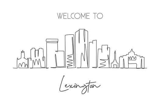 Single one line drawing Lexington city skyline, Kentucky. World historical town landscape. Best holiday destination postcard art. Editable stroke trendy continuous line draw design vector illustration