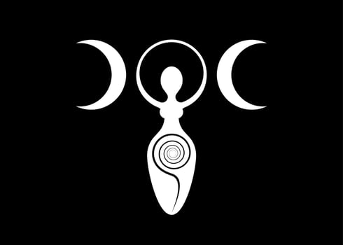 Wiccan Woman Logo triple moon goddess, spiral of fertility, Pagan Symbols, cycle of life, death and rebirth. Wicca mother earth symbol of sexual procreation, vector white sign icon isolated on black
