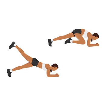 Woman doing knee to elbow kickback exercise. Flat vector illustration isolated on white background