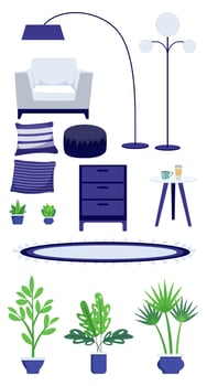 Living room furniture set with different furnitures chair armchair pillow cabinet house plants isolated vector