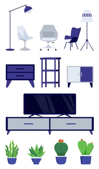 Living room furniture set with different furnitures chair armchair pillow cabinet house plants vector