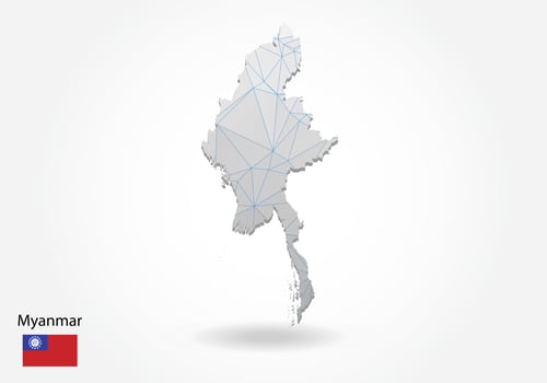 Vector map of myanmar with trendy triangles design in polygonal style on dark background, map shape in modern 3d paper cut art style. layered papercraft cutout design.