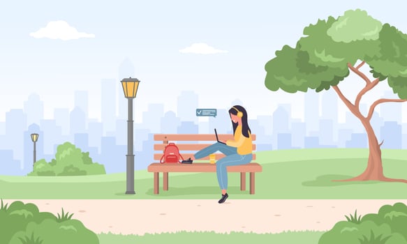 Womens freelance. Girl with laptop sitting on bench in park. Concept illustration for working outdoors, studying, communication, healthy lifestyle. Vector illustration in flat style.