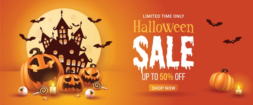 Happy Halloween Sale Banner. Halloween vector illustration with halloween pumpkins, and halloween elements.