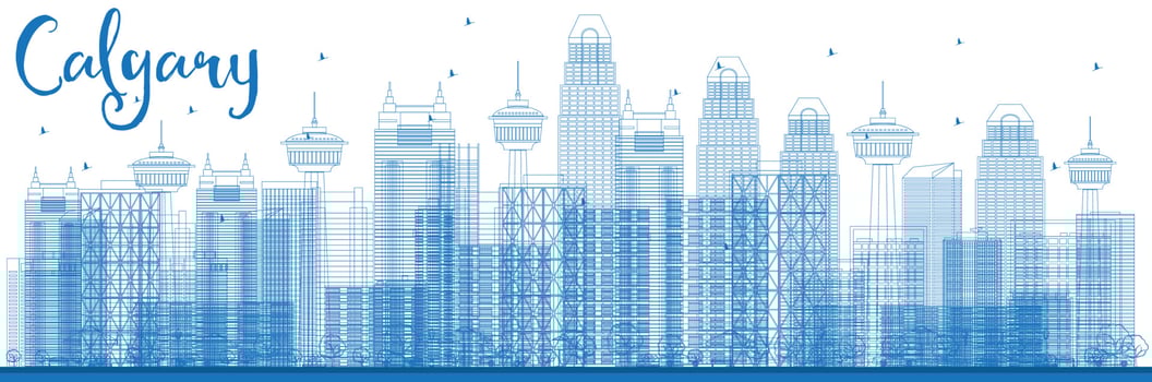 Outline Calgary Skyline with Blue Buildings. vector