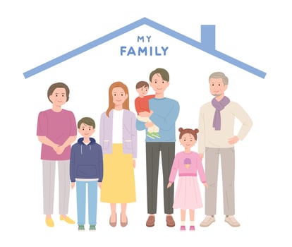 Happy big family. Three generations stand together. vector