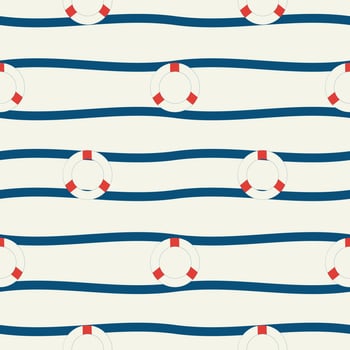 Vector hand drawn colored childish seamless repeat simple flat pattern with lifebuoy and waves . Pattern for children. Sea ocean.