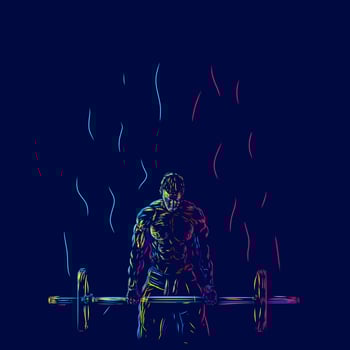 Fitness men on gym line pop art potrait logo colorful design with dark background. Abstract vector illustration. Isolated black background for t-shirt