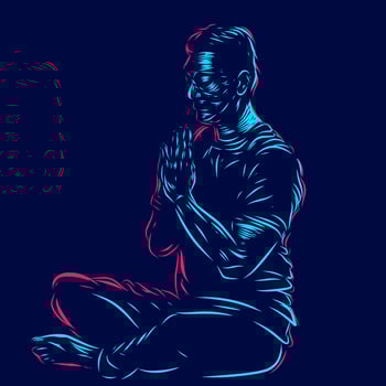 Man meditation line pop art potrait logo colorful design with dark background. Abstract vector illustration. Isolated black background for t-shirt