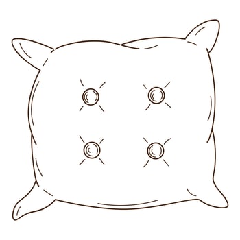 Sofa cushion with buttons. A home decor item. Design element with outline. Doodle, hand-drawn. Black white vector illustration. Isolated on a white background