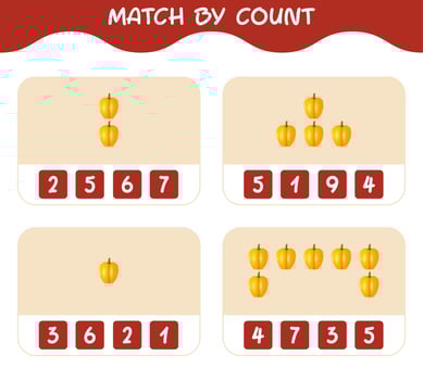 Match by count of cartoon bell pepper. Match and count game. Educational game for pre shool years kids and toddlers vector