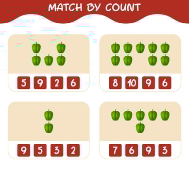Match by count of cartoon bell pepper. Match and count game. Educational game for pre shool years kids and toddlers vector