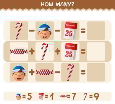 How many cartoon christmas. Counting game. Educational game for pre shool years kids and toddlers vector