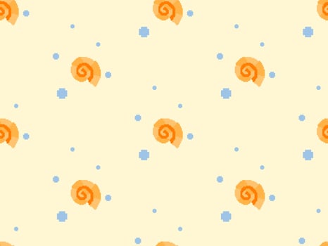 Shell cartoon character seamless pattern on yellow background.Pixel style vector