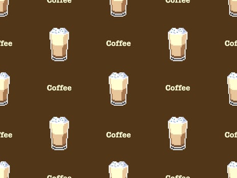 Coffee cartoon character seamless pattern on brown background.Pixel style vector