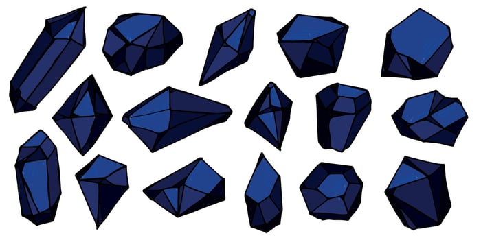 Hand drawn crystals set. Geometric gems diamonds vector illustrations collection. Colorful shard of glass. For geology, jewelry store, decoration, game, web.