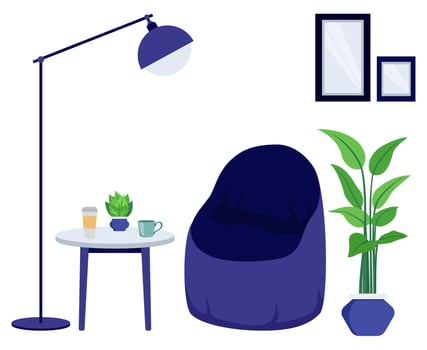 Living room work place for freelancer home office with floor lamp modern chair and with house plant isolated on white vector