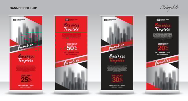 Roll up banner stand template design, Promotion Banner template, x-banner, pull up, Advertisement, creative concept, Presentation, red and black background, poster, events, display, j-flag, vector