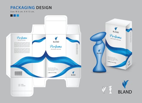 Packaging perfume template, box, product design creative idea template for cosmetics, bottle, Blue wave graphic concept, vector illustration