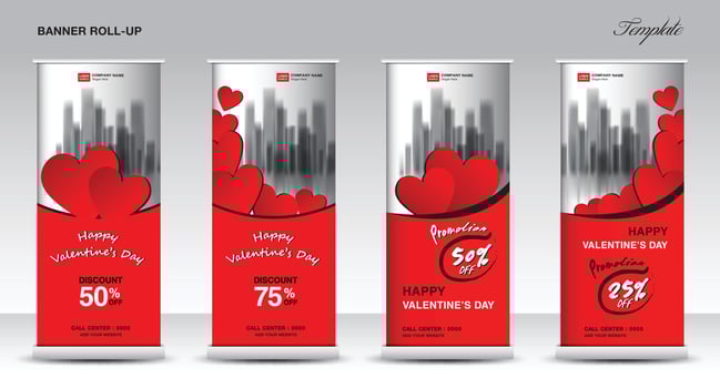 Roll up banner stand template design for valentine's day, Promotion Banner template, x-banner, pull up, holiday events, display, j-flag, Advertisement, Red heart background creative concept, vector. vector