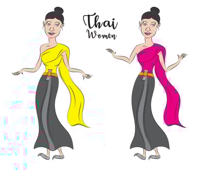 Thai women in thai traditional dress vector illustration, Traditional southeast asian costume, cartoon