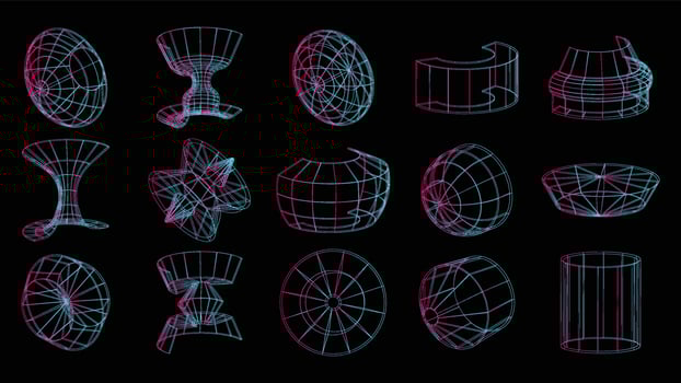 Set of abstract geometric technology elements in cyberpunk style. Retro vintage collection 3d virtual digital design. Texture 80s vr. Futuristic metaverse pattern. Vector isolated template background