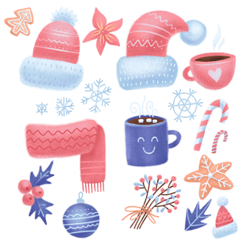 Set of Christmas design elements. Knitted hats, gingerbread , mistletoe, gifts, cup of hot cocoa, baubles. Happy holidays flat objects. Hand-drawn flat illustration. png