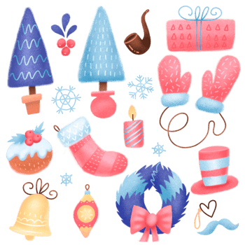 Textured hand drawn Christmas set of festive winter elements isolated on transparent background png