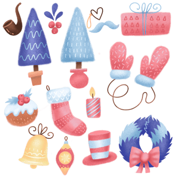 Textured hand drawn Christmas set of festive winter elements isolated on transparent background png