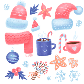 Textured hand drawn Christmas set of festive winter elements isolated on transparent background png