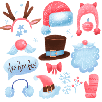 Constructor of christmas character face. Reindeer antlers, hats, mustache, beard, cap to create a face of Santa Claus. Easy to make your Santa person. Humor Christmas,new year. Flat set png