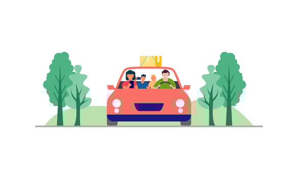Happy family travelling by car illustration. Travel, road trip, transportation concept vector