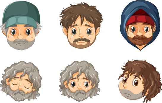 Set of different heads of homeless man cartoon vector