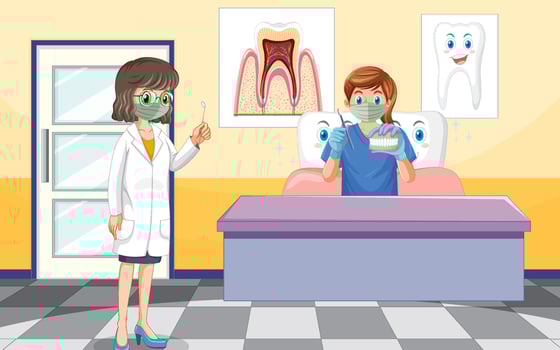 Dentist holding instruments and examining teeth decay on white background vector