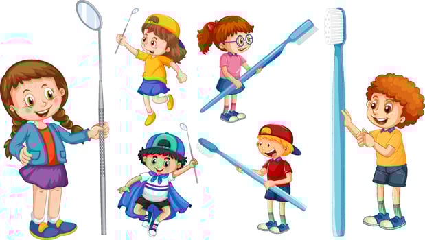 Set of happy kids holding toothbrush and dental mirror on white background vector