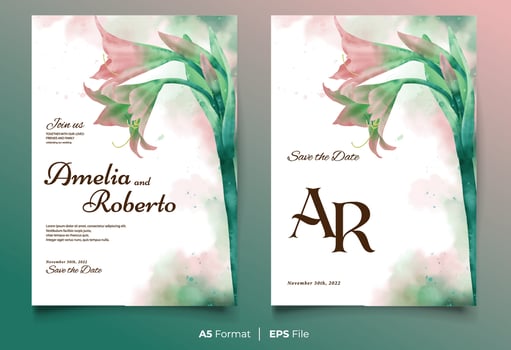 Watercolor wedding invitation template with pink and green flower ornament vector