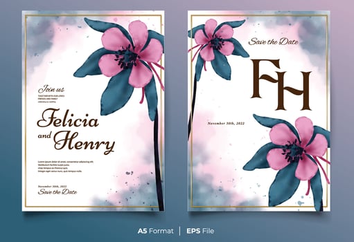 Watercolor wedding invitation template with pink and green flower ornament vector